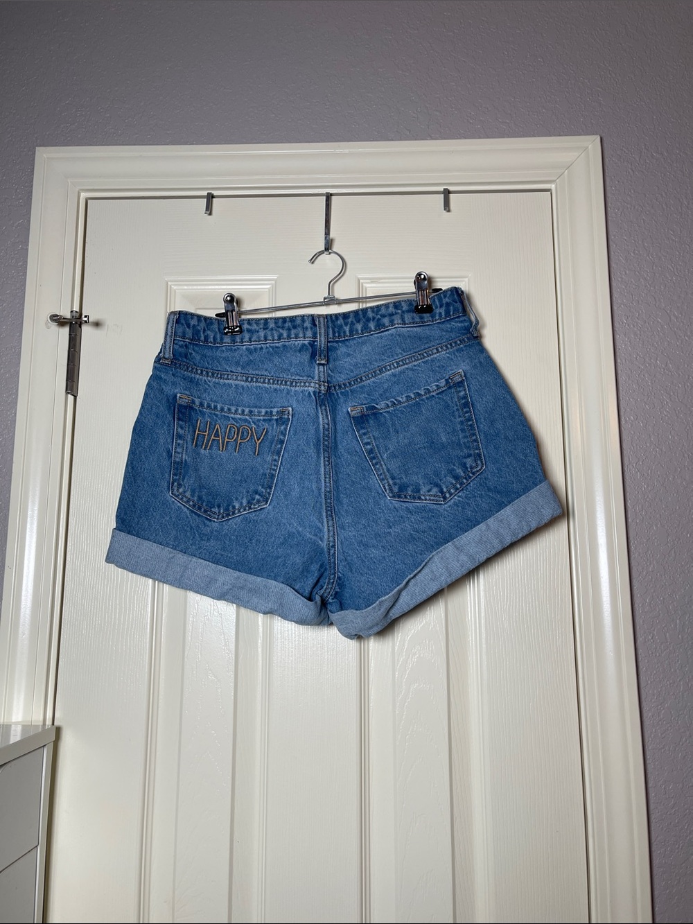 Old Navy Blue Denim Shorts with 'HAPPY' Back Pocket